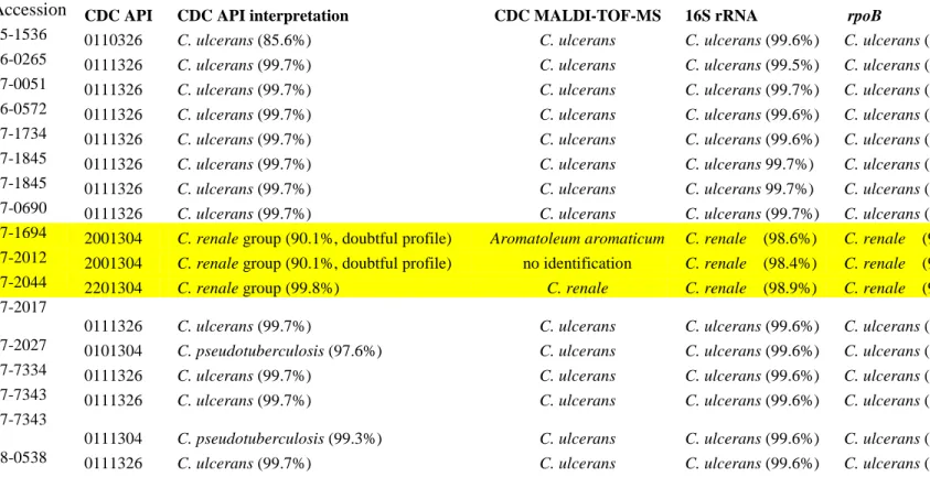 Table 1.  Identification of isolates using API Coryne, MALDI-TOF-MS, and gene sequencing modalities