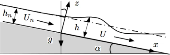Figure 1 Free surface flow slopping down a tilted and flat bottom 