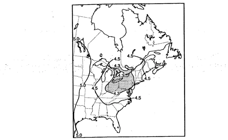 Figure 6  Six-year mean pH  distribution in eastern North America  (1982-87) 
