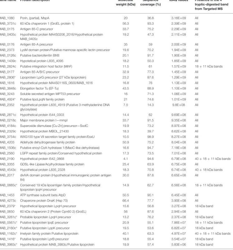 TABLE 1 | Proteins detected in TLR2eF by mass spectrometry.