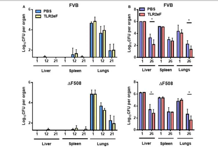FIGURE 2 | Bacterial load of M. abscessus CIP S after aerosol (A) or IV (B) infections in liver, spleen, and lungs of TLR2eF vaccinated or control-PBS vaccinated wild-type FVB and 1 F508-FVB mice