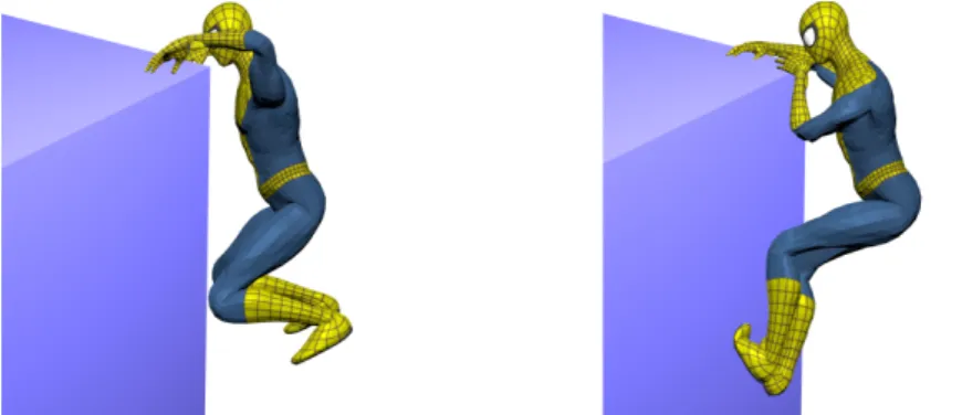 Figure 3: Illustration of the generation of a contact configuration. (Left) The root of the reference configuration is placed close to an obstacle so that the obstacle is in the accessible space of the limbs.