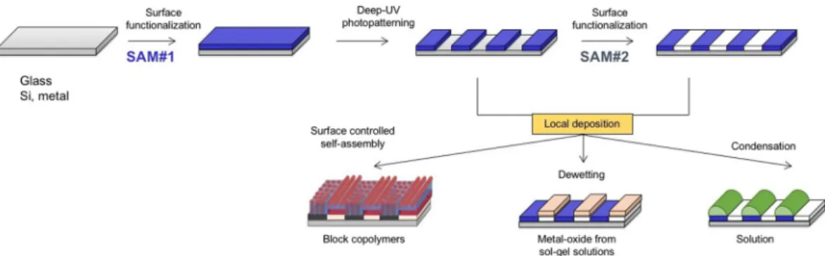 Figure 1.  Schematic representation of the DUV-DSA approach. First row shows the surface functionalization  by SAM#1, the local DUV patterning and the possibility of regrafting in the irradiated zones by SAM#2