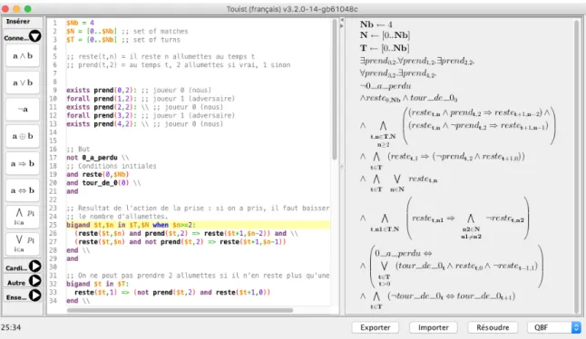 Figure 1 – Capture d’´ ecran de TouIST avec le jeu de Nim. Le fichier est disponible ` a l’adresse https: