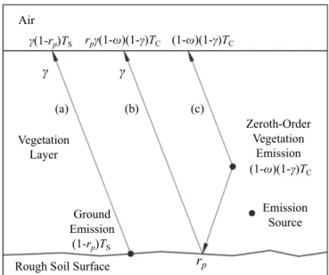 Fig. 2. Schematic representation of zeroth (dashed) and first-order (solid) emission pathways