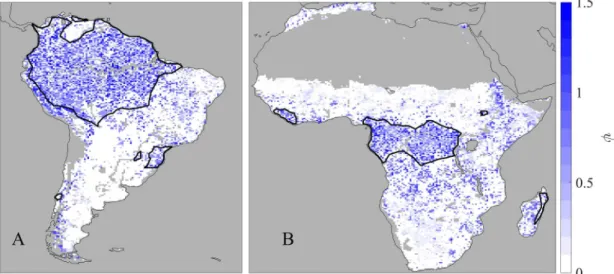 Fig. 5. ψ = ω 1 /ω in South America (5A) and Africa (5B). Bold black outlines denote boundaries of evergreen broadleaf forests