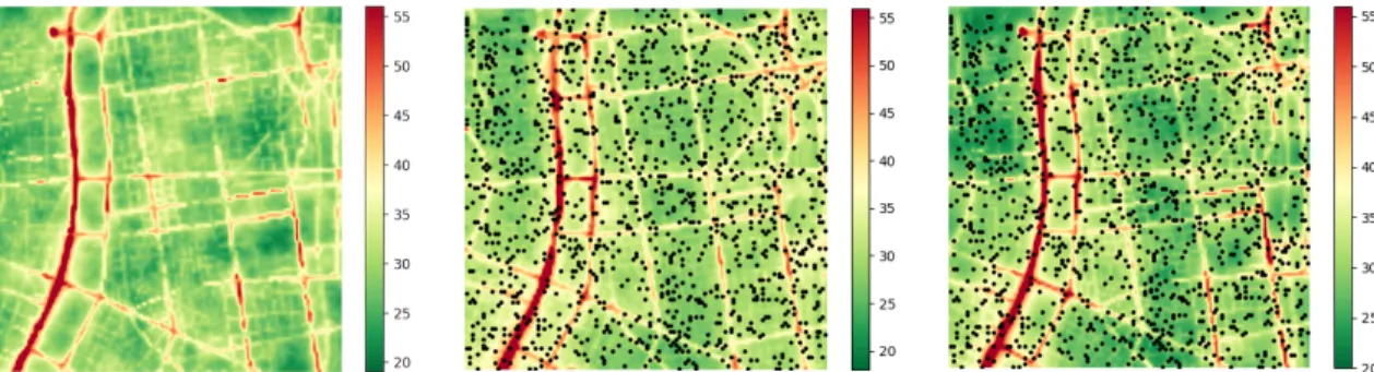 Fig. 1 NO2 concentrations of the area of interest (a) a realization of the ground truth; (b) Random forest regression based estimation; (c) BLUE assimilation based estimation