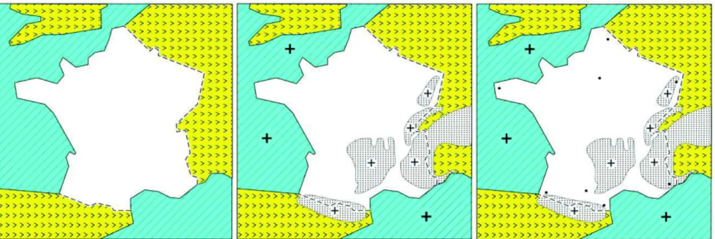 Figure 3. Example of three raised-line maps edited with the Open Street Map editor. The map on the left show the base map that  has been used to create the two others maps by adding the ocean, sea and mountains (in the middle) and the main cities of France