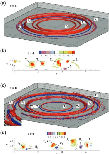 Fig. 4. (a) and (c) iso-surfaces of λ ci (multiplied by the sign of the azimuthal vorticity