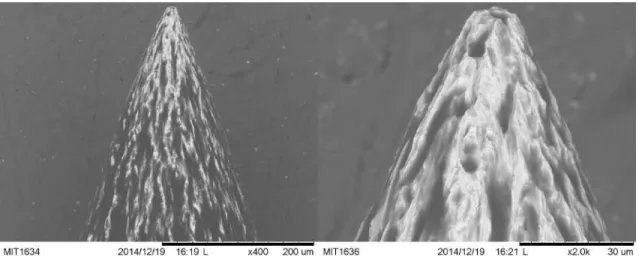 Figure 4-4: Scanning electron microscope images of an externally wetted tungsten needle.