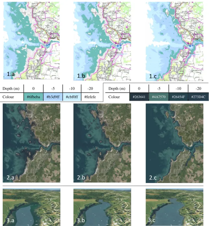 Figure 2: Geovisualisation examples at different tide stage, from left to right, at (a) 0m (low tide), (b) 4m and (c) 8m (high tide)  and from up to down, (1) a 2D cartographic map, (2) a 2D ortho-photorealist image and (3) a 3D immersion