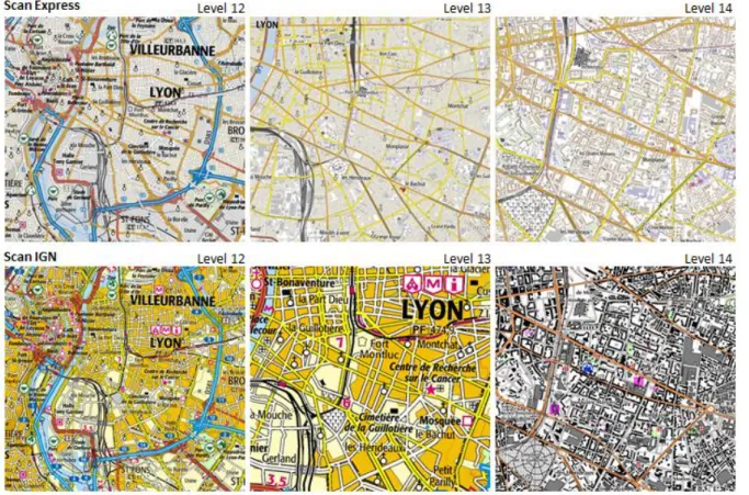 Fig. 8. Consecutive levels of Scan Express and Scan IGN multi-scale maps (IGN France) 