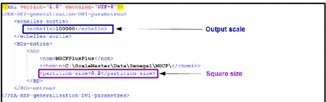 Figure 8. Parameterization of the area partitioning option, using regular squares,  in the Parameters.xml file.