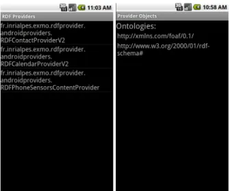 Fig. 2. RDFBrowser also allows for inspecting from the RDFContentResolver available RDF- RDF-ContentProviders and the ontologies they manipulate.