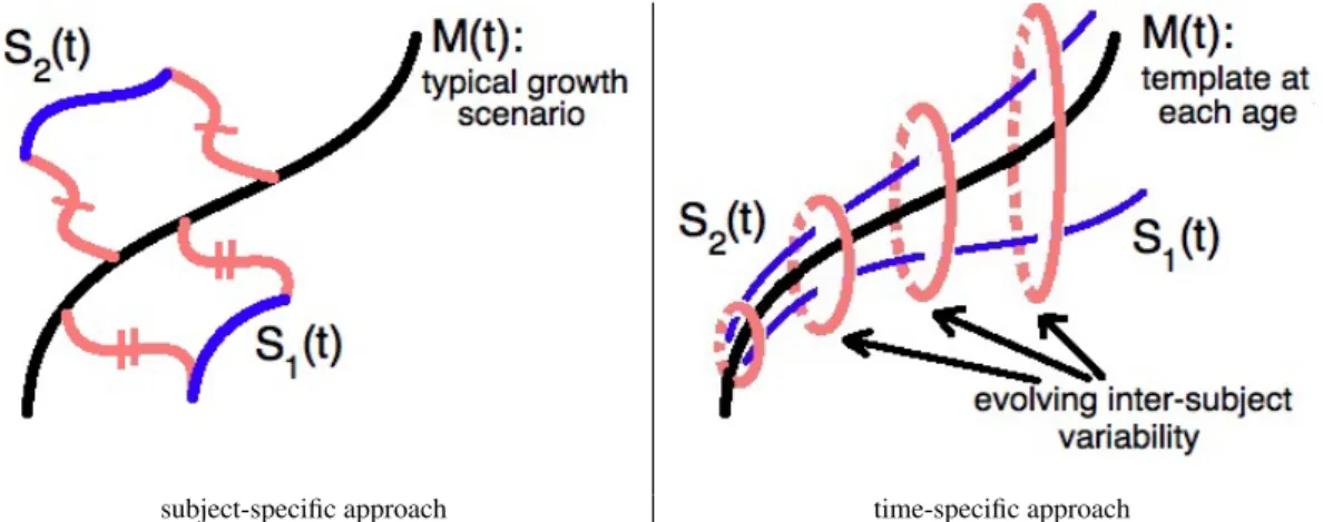Fig. 3 Subject- versus time-specific approach. In the subject-specific approach (left) the mean scenario averages the individual trajectories