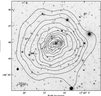 Figure 7. Iso-intensity contours of the adaptively smoothed X-ray emission from MACS J1206.2 − 0847 in the 0.5–7 keV range as observed with  Chan-dra’s ACIS-I detector, overlaid on the UH2.2m R-band image