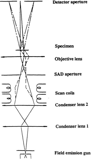 Figure  2-4:  Schematic  diagram  of  the  selected-area  diffraction  mode  in  VG  HB5 STEM.