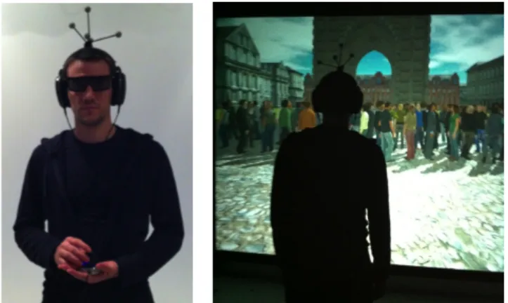 Figure 1. Virtual reality setup. (left) A participant equipped  with polarized glasses, headphones and a tracking device