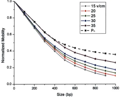 Figure  5.2:  Normalized  mobility  vs.  size  for  different  electric  fields.  The  predicted  mobility  is consistently  at the  top of the  range  of values.