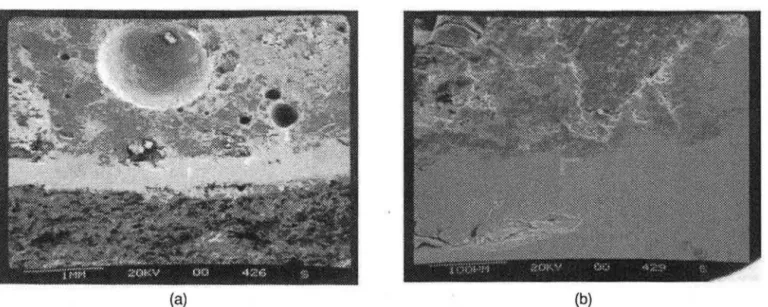 FIGURE 3. Scanning electron micrographs of zinc/concrete interface when the concrete was preheated to  120  to  15(J'C prior to arc spraying