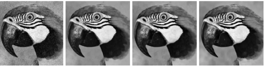 Fig. 1. From left to right: noisy image y for σ = 20; first-step denoised x e (29.57 PSNR), denoised x b (29.95 PSNR) and original image.