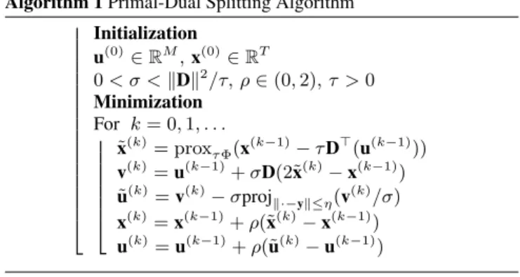 Tab. 2 presents the results obtained for several noise levels. The quality of the results is evaluated in terms of signal to noise ratio (SNR) in dB defined as 10 log 10 kxk 2 /k bx − xk 2 