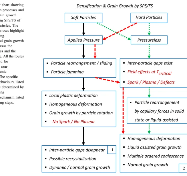 Figure 6 Flow chart showing the densiﬁcation processes and the resultant grain growth behaviour during SPS/FS of ceramic nanoparticles