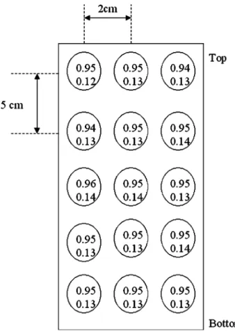 Fig. 10 Optical properties on various locations for one of the sheets treated at the pilot scale (mean values: a = 0.95 and e 70 = 0.13)
