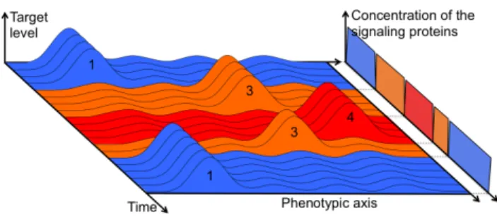 Figure 1: Example of a variable environment. The three en- en-vironmental conditions are displayed respectively in blue, orange and red