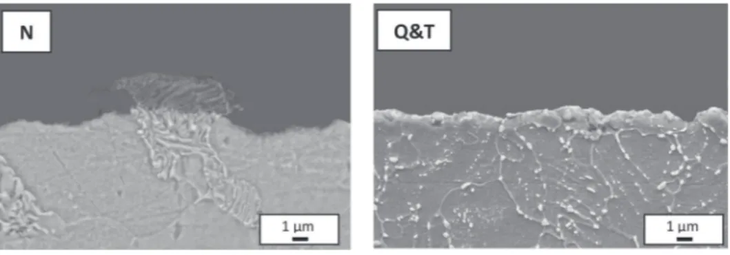 Fig. 6. SEM observations of the cross-sectional views of the corroded steel surfaces after 6 h of immersion in a 0.5 M NaCl solution saturated with CO 2 : Normalized (N) and Annealed (A) samples.