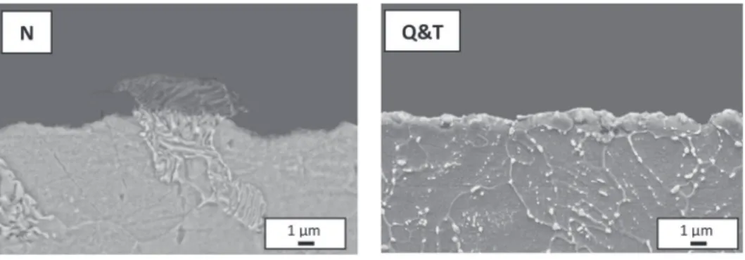 Fig. 6. SEM observations of the cross-sectional views of the corroded steel surfaces after 6 h of immersion in a 0.5 M NaCl solution saturated with CO 2 : Normalized (N) and Annealed (A) samples.