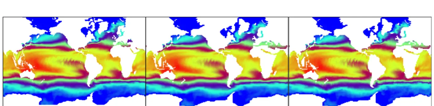 Figure 6: Original Orca1 ◦ background temperature field (left) and the simplified Orca2 ◦ field obtained with the Approximate Simplification Operator (middle) and the Full  Sim-plification Operator (right)