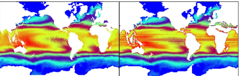 Figure 4: Original Orca1 ◦ background temperature field and the simplified Orca2 ◦ field obtained with the approximate simplification operator and using the LR volume elements as weighting matrix