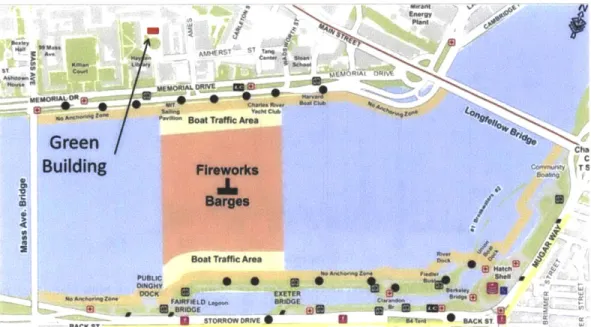 Figure  5-5:  Location  of fireworks barges  for Boston's  4 th  of July  fireworks  show