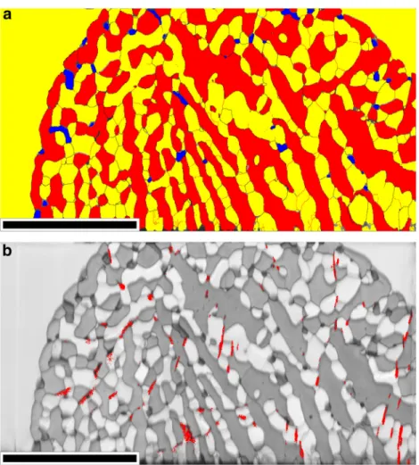 Fig. 10. Map of the phases that could be indexed with EBSD- EBSD-EDS analysis: (Al) in yellow, Al 2 Cu in red and silicon in blue (a)