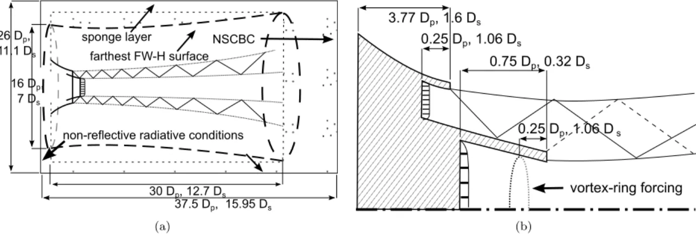 Figure 1. Sketch of the numerical and physical domain in (a) a general view and (b) a detailed view.