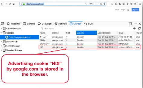 Figure 4 Access to the google.com website: advertising cookie NID is stored in the browser (<https://google.com> 