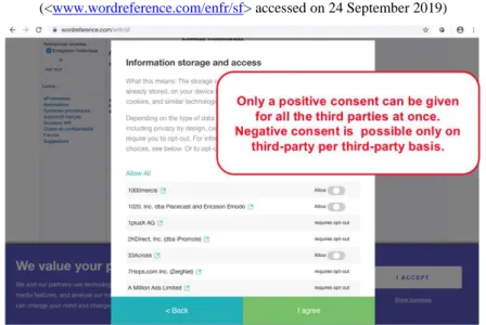 Figure 10 A settings accessible from the cookie banner on website of wordreference.com  (<www.wordreference.com/enfr/sf> accessed on 24 September 2019) 