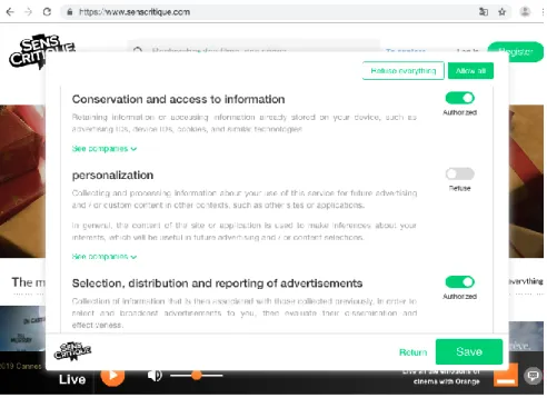 Figure 13 Compliance with the “separate consent per purpose” requirement (<www.senscritique.com/> accessed on  18 May 2019)