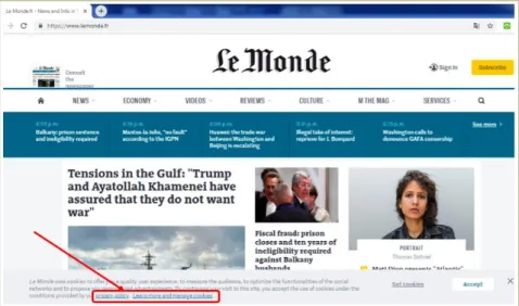 Figure 14 Compliant example. The “information page” should be accessible through a cookie banner (via a link or a  button) (<https://www.lemonde.fr/ > accessed on 18 May 2019) 