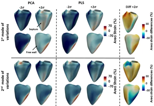 Fig. 4: Comparison of the first three modes of variations for the strain descriptor for both dimensionality reduction strategies
