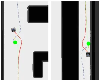 Fig. 2. Robot getting stuck due to entanglement of trajectories. The blue trajectories correspond to human trajectories, and the red ones correspond to robot trajectories