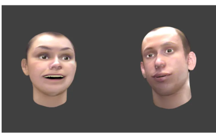 Figure 1: Virtual actors with facial expressions transferred from theatre actors during a live performance of Schnitzler’s Reigen