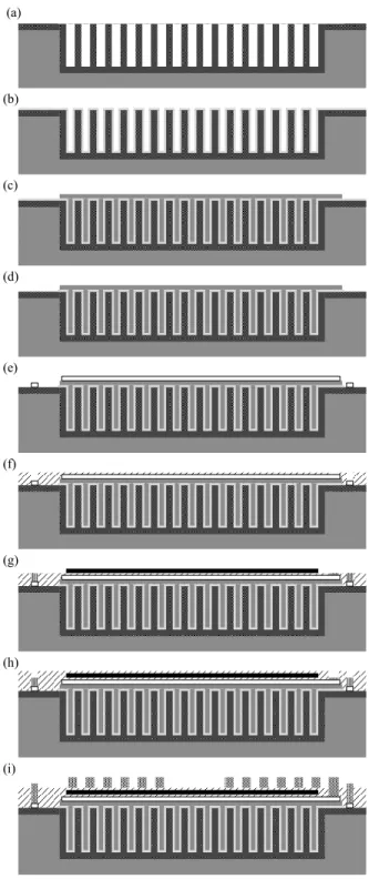 Fig. 3.  SEM views of high aspect ratio pore network (a) top  view, (b) cross-section: depth is 60 µm, width is 2.6 µm