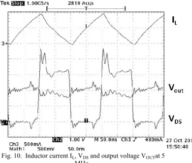 Figure  10  shows  measured  waveforms:  the  inductor  current  I L ,  the  MOS  transistor  voltage  V DS   and  the  output  voltage  V OUT 