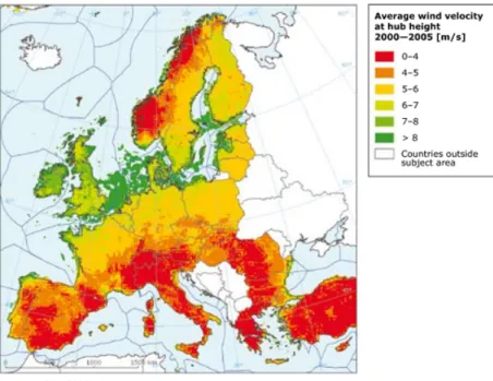 Figure 7. Average wind velocity at hub height (80 m onshore and 120m offshore) 2000- 2000-2005 (EEA, 2009)