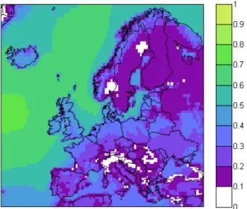 Figure 15. Geographical variation of the mean capacity factor at 80 m over Europe,  computed from MERRA data
