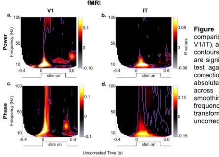 Figure  3:  Results of the 2x2 RSA  comparisons (MEG power/phase x fMRI  V1/IT), averaged over all subjects