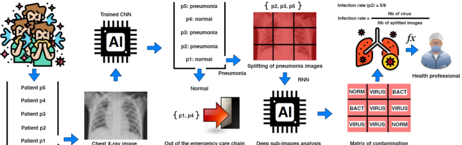 Fig. 2: Global workflow using deep learning based for automatic estimation of a CNN-based infection rate indicator from chest X-ray images.