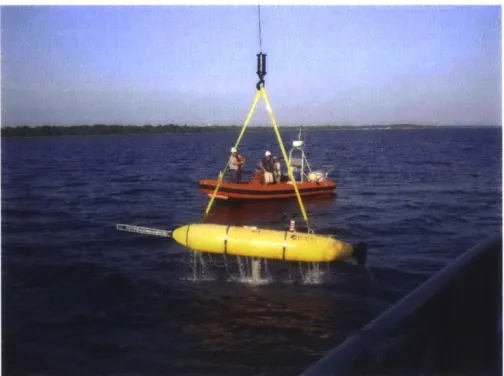 Figure  4-1:  The  AUV  Unicorn being lifted  from the water by  the crane  of the  PCS-12  during the  BayEx'14  experiment.